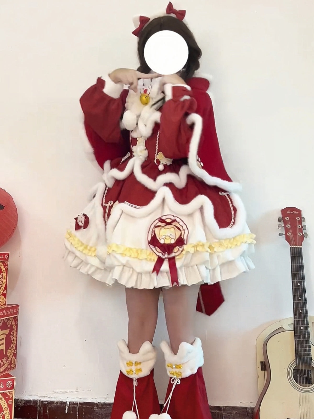 Red New Year & Christmas Lolita Dress Full Set with Cloak & Train