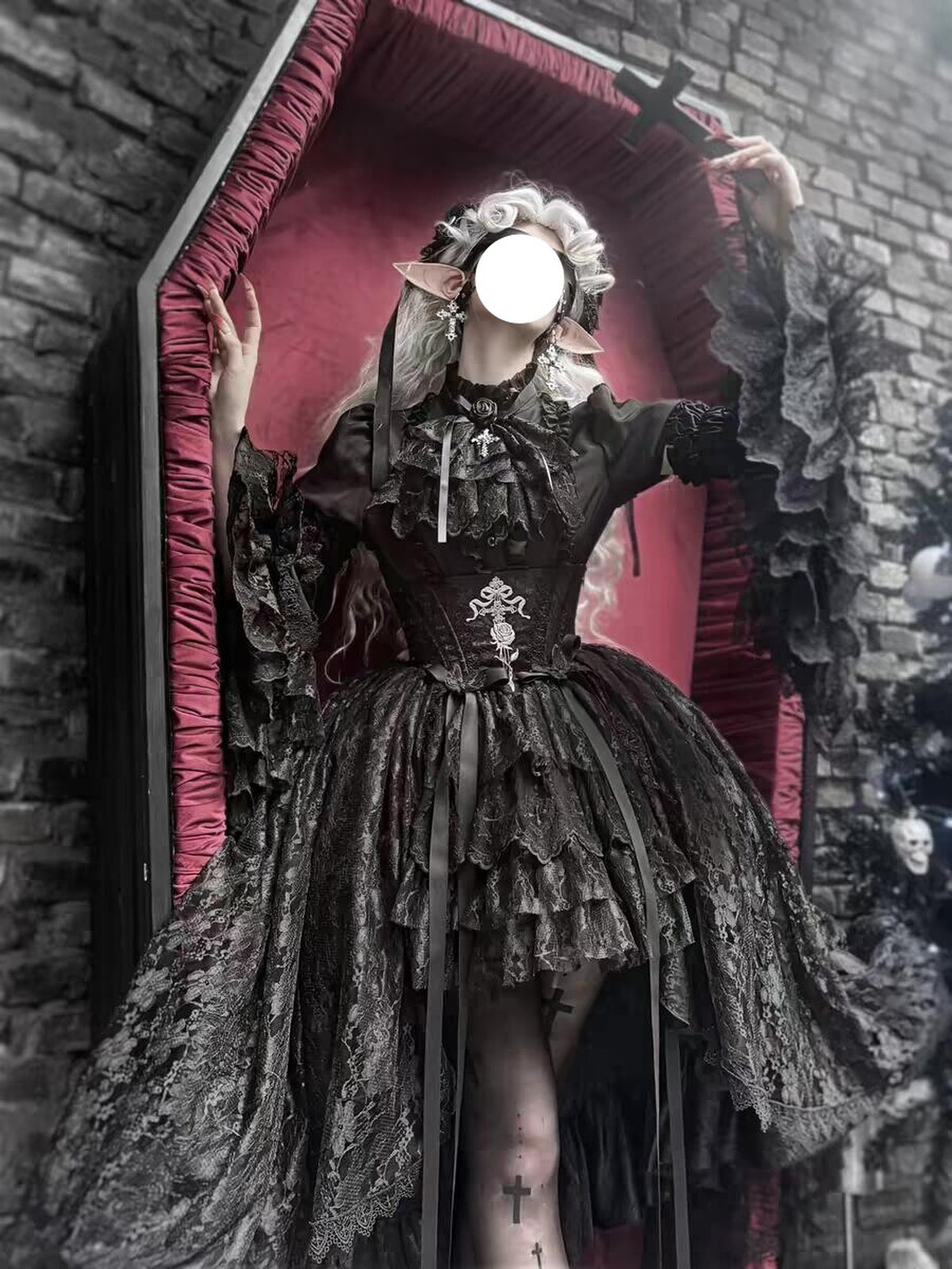 Gothic Lolita Cross & Thorns Dress Set - Black Long Sleeve Outfit