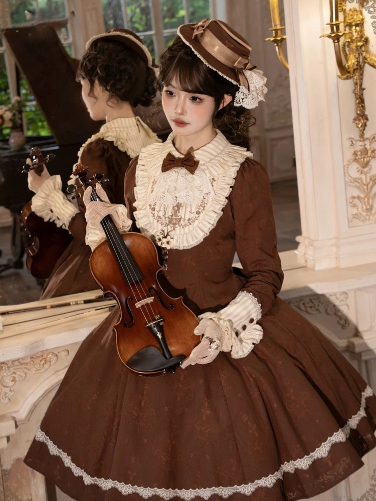 Brown Lace OP Dress with Detachable Bow - iris de nuit | CoyBunny