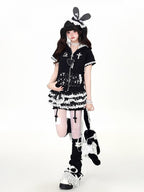 Black Bunny Ear Hooded Short Sleeve Top with Lace Print - CRAZY GIRL | CoyBunny