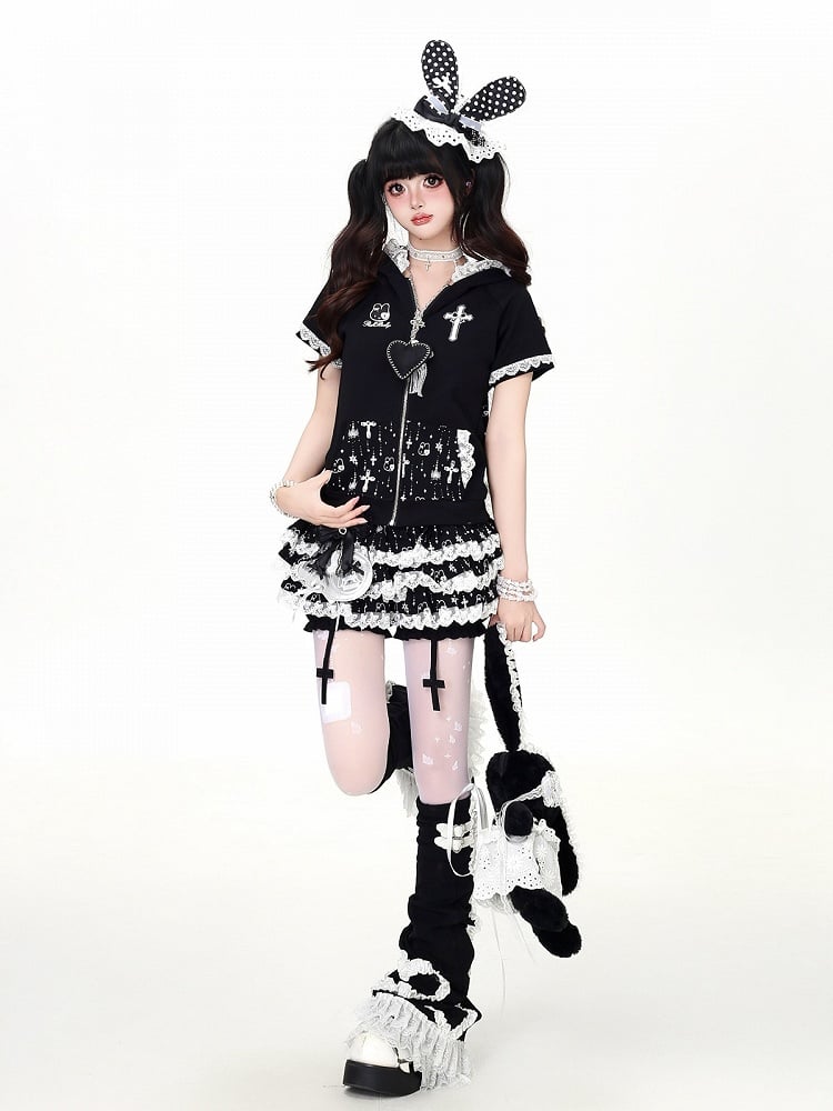 Black Bunny Ear Hooded Short Sleeve Top with Lace Print - CRAZY GIRL | CoyBunny