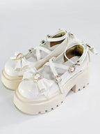 White Platform High Heels with Heart Buckle and Bow - Rainie Dream | CoyBunny