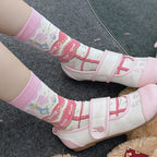 Sweet Lolita Striped Calf Socks with Bow Print | CoyBunny