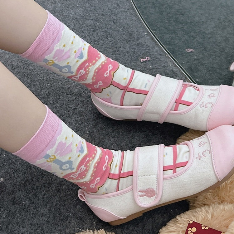 Sweet Lolita Striped Calf Socks with Bow Print | CoyBunny
