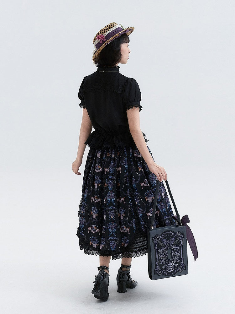 Black Purple Pansy Print Elegant Lolita Skirt | CoyBunny