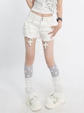 Sweet Kawaii White Distressed Shorts with Rivet and Cross Decor - Catwish | CoyBunny