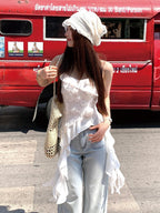 White Holiday Asymmetrical Ruffle Hem Top - Qchiwawameme | CoyBunny