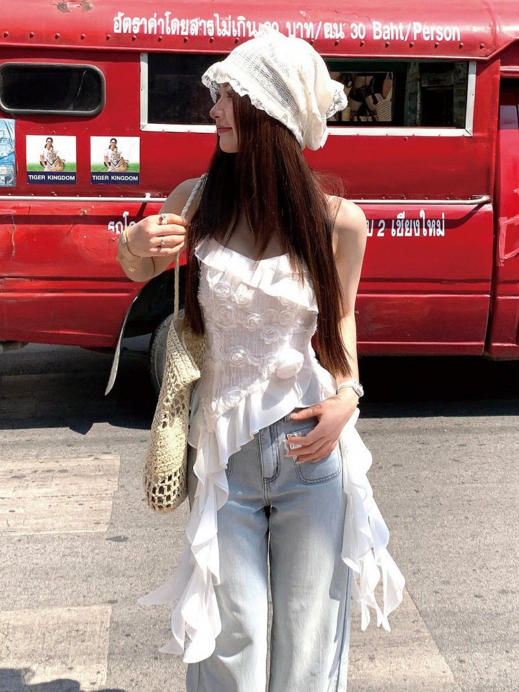White Holiday Asymmetrical Ruffle Hem Top - Qchiwawameme | CoyBunny
