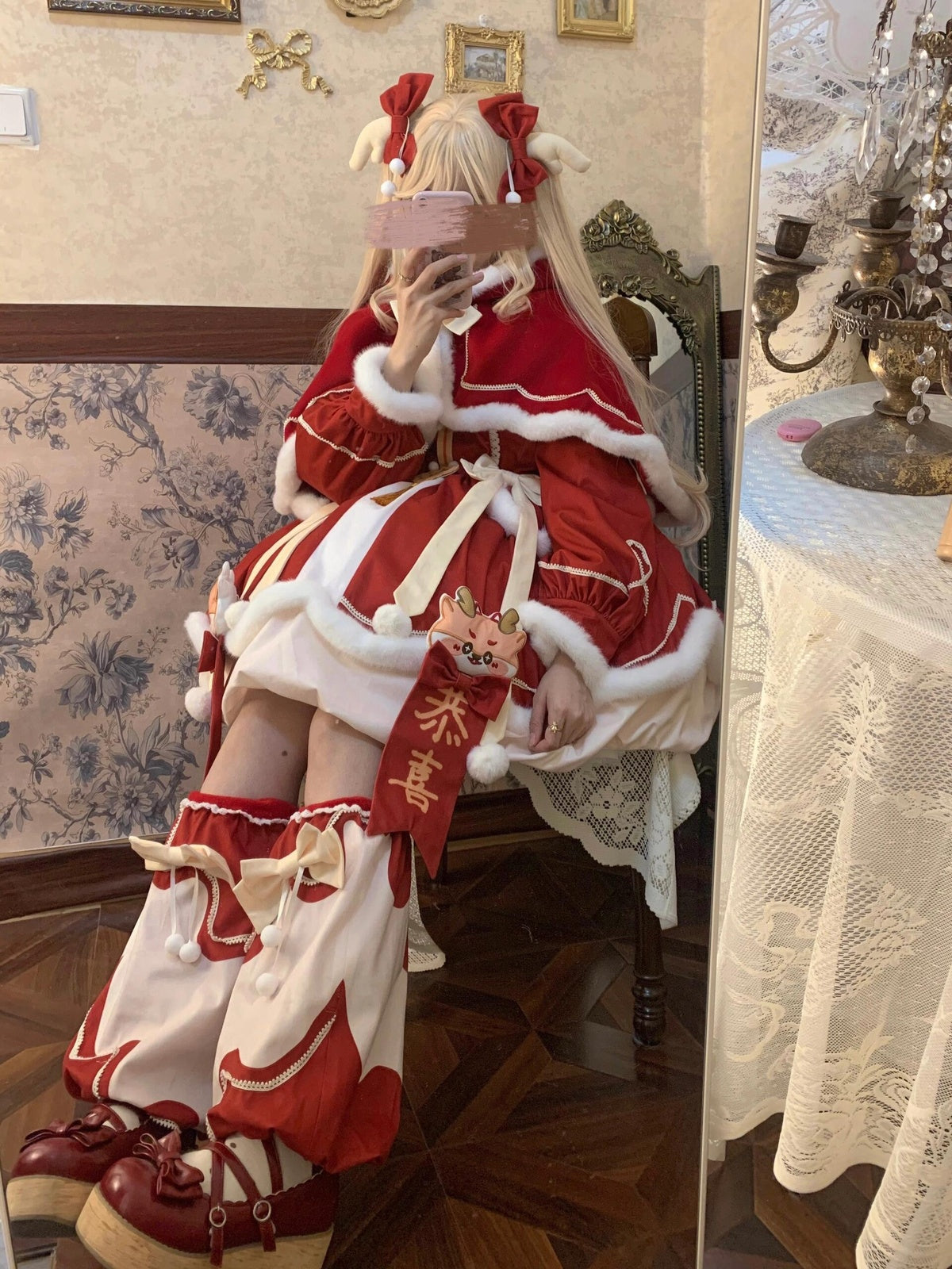 Red New Year & Christmas Lolita Dress Full Set with Cloak & Train