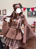 Brown Preppy Lolita Dress Set with Doll Collar Coat & Plaid Skirt