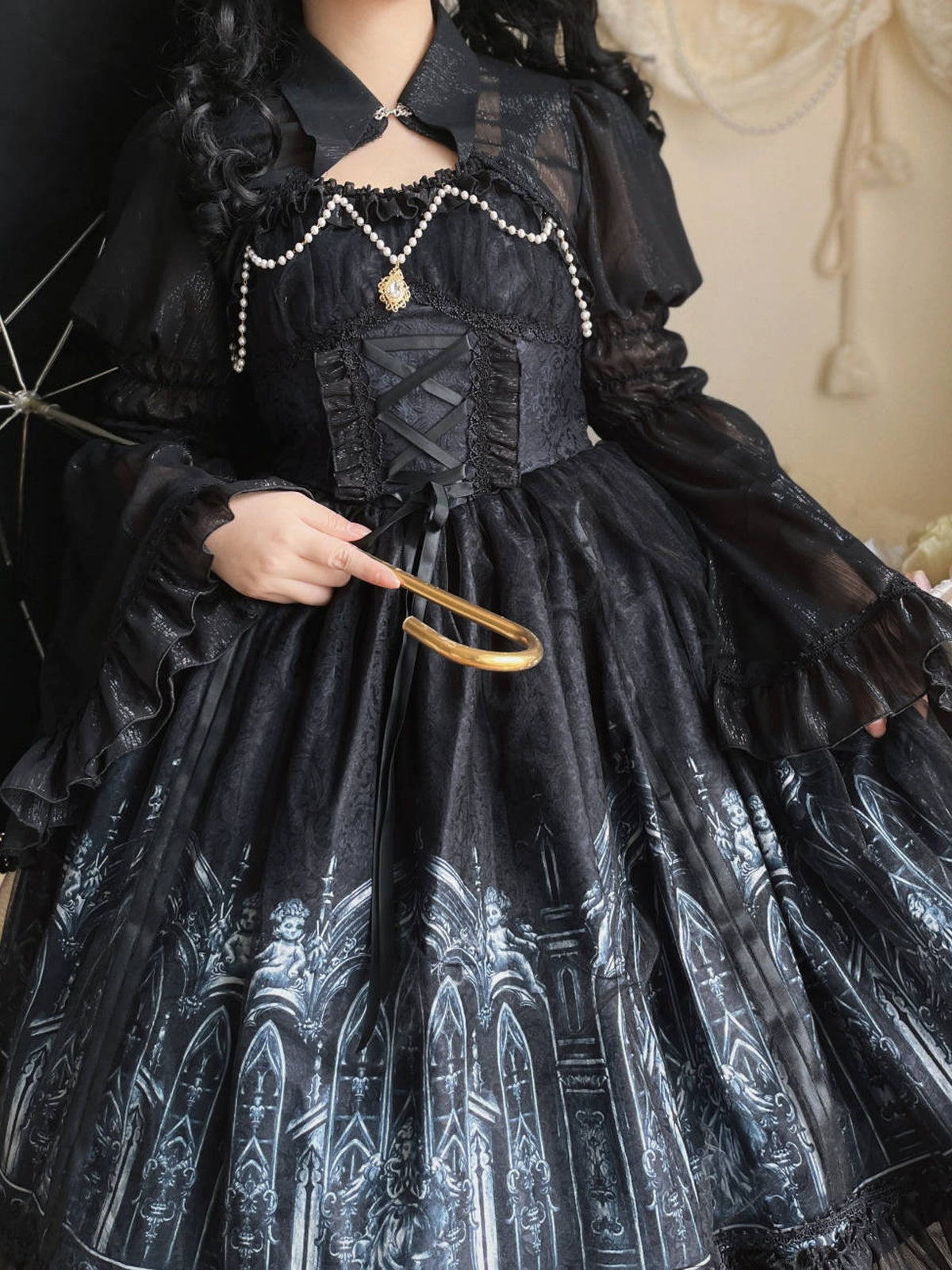 Black Gothic Lolita JSK Dress & Matching Shoulder Cape Set