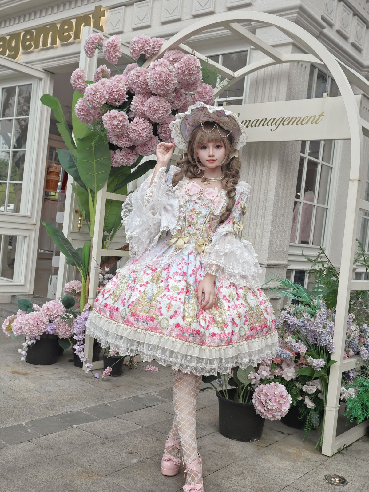 Sweet Blue Lolita OP Long Sleeve Dress & Bonnet Hat Set