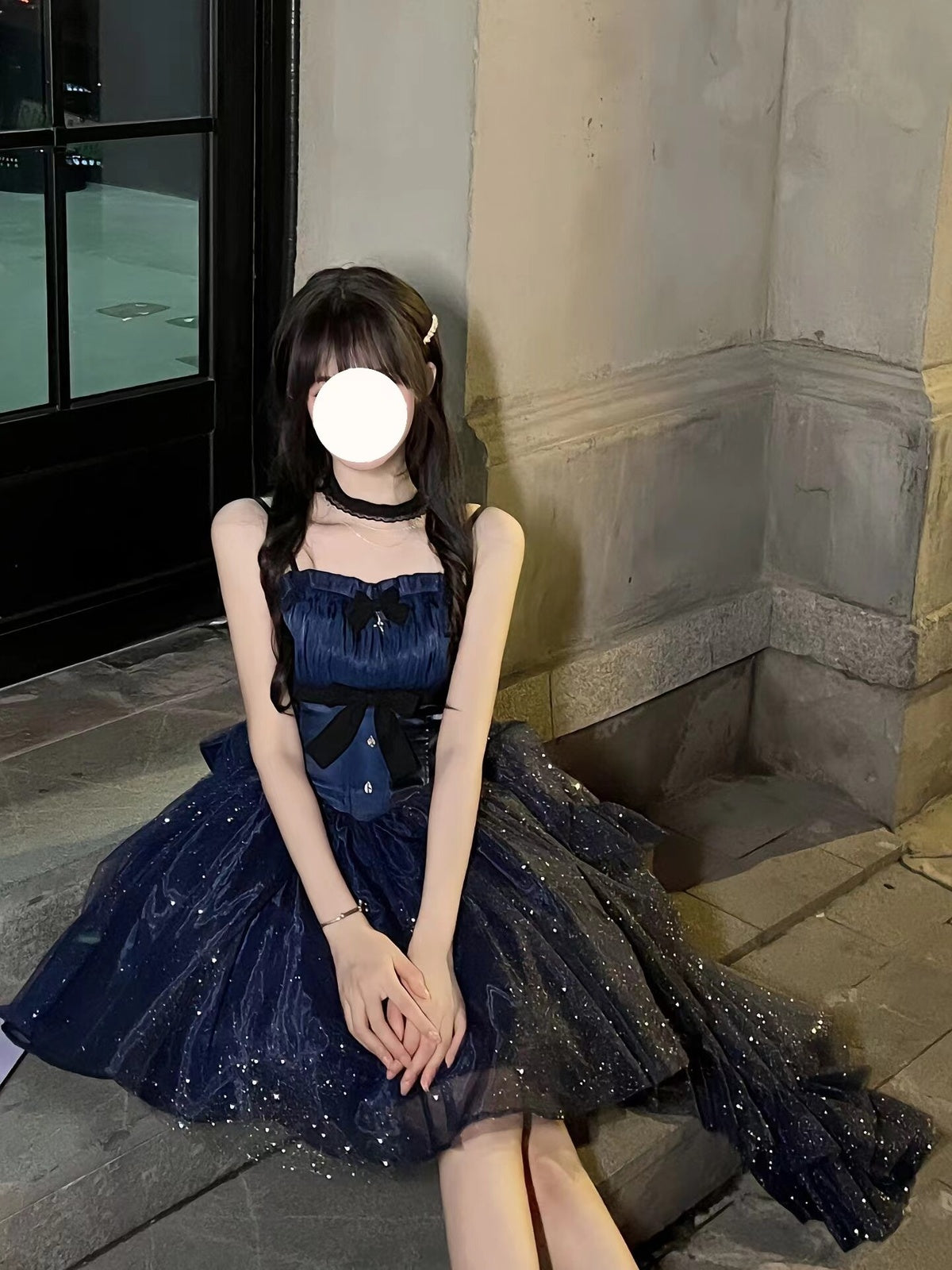 Blue Lolita Princess Ball Gown with Train & Choker