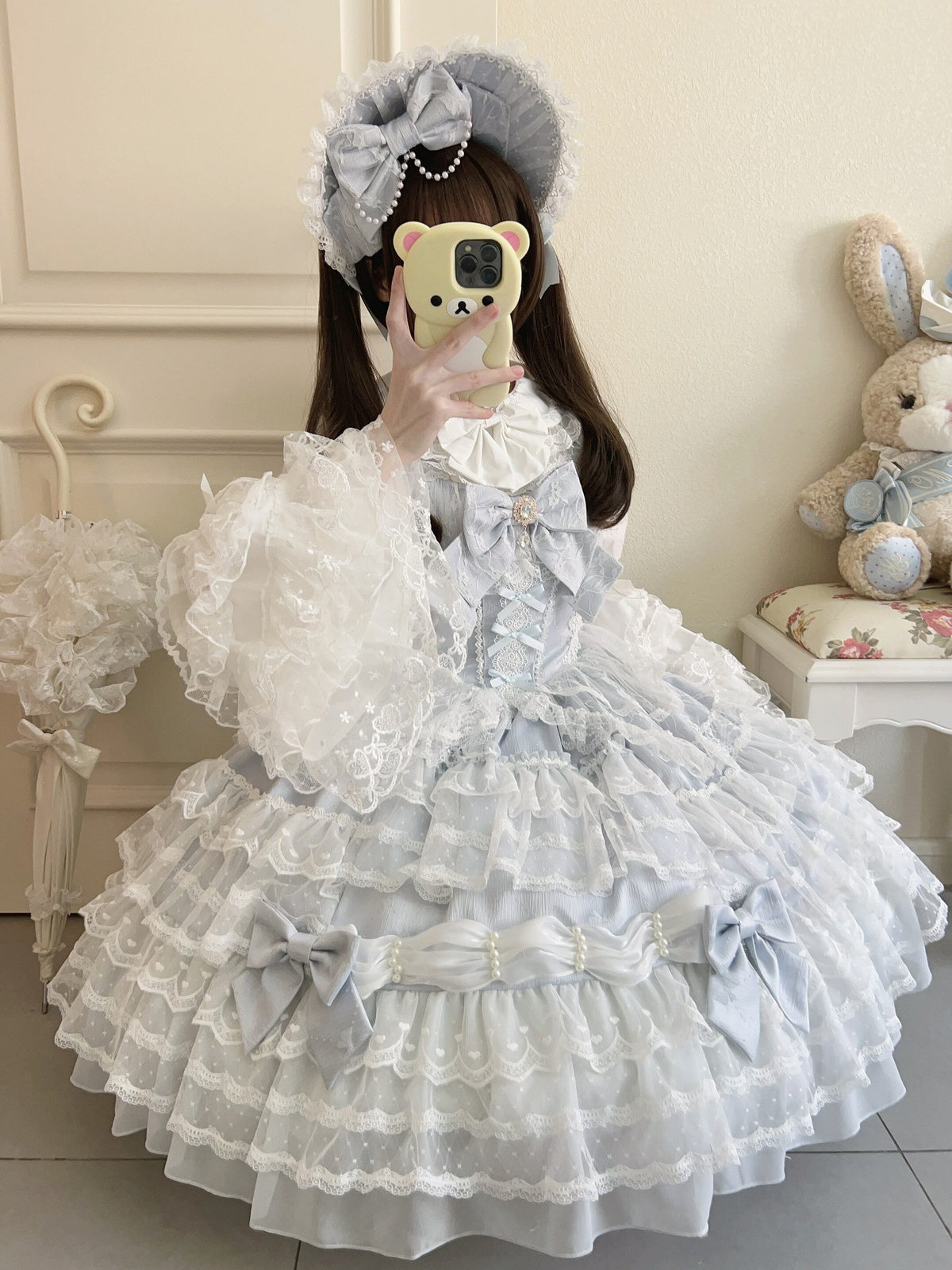 Sax Blue Winter Lolita JSK Dress & Matching Bonnet Set