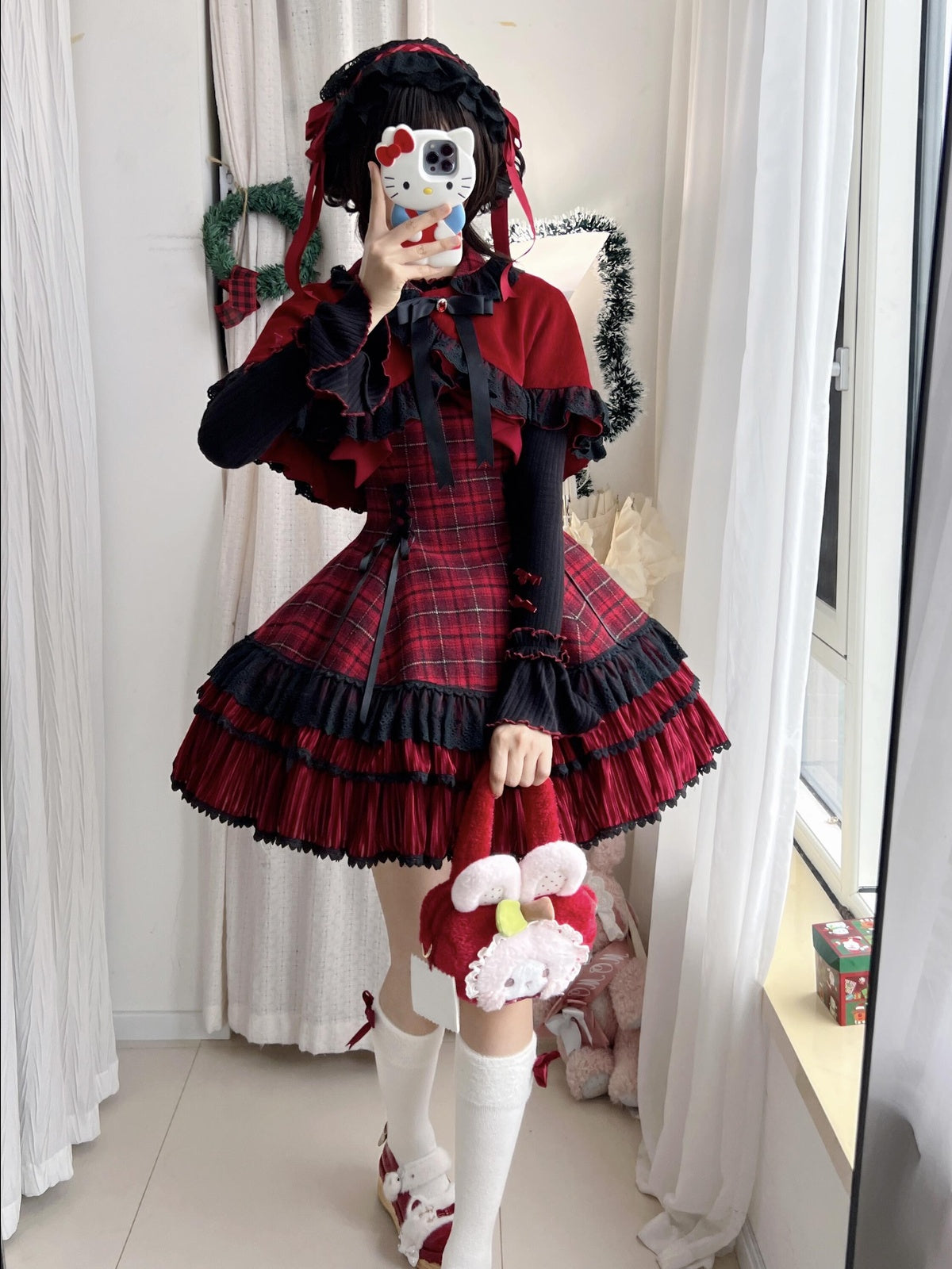Red Plaid Lolita Dress Set with Bowknot Cape & Blouse Full Set