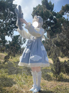 Sky Blue Sweet Lolita Long Sleeve OP Dress with Headband & Petticoat
