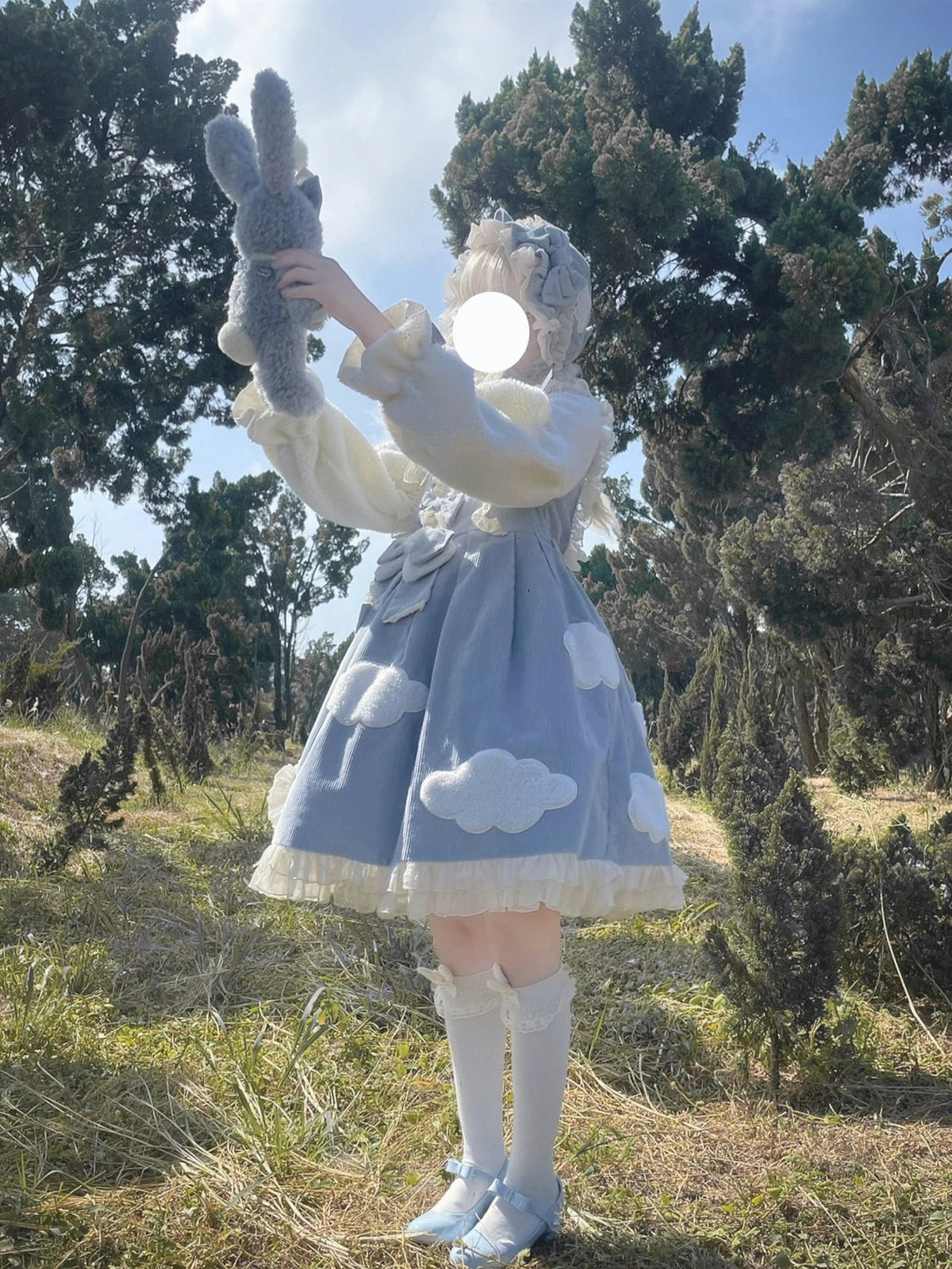 Sky Blue Sweet Lolita Long Sleeve OP Dress with Headband & Petticoat