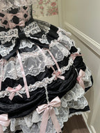 Black & Pink Doll JSK Lolita Dress with Back Bow & Headband