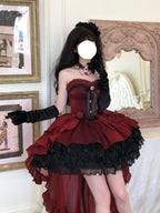 Gothic Wine Red High-Low Lolita Dress Set with Detachable Train
