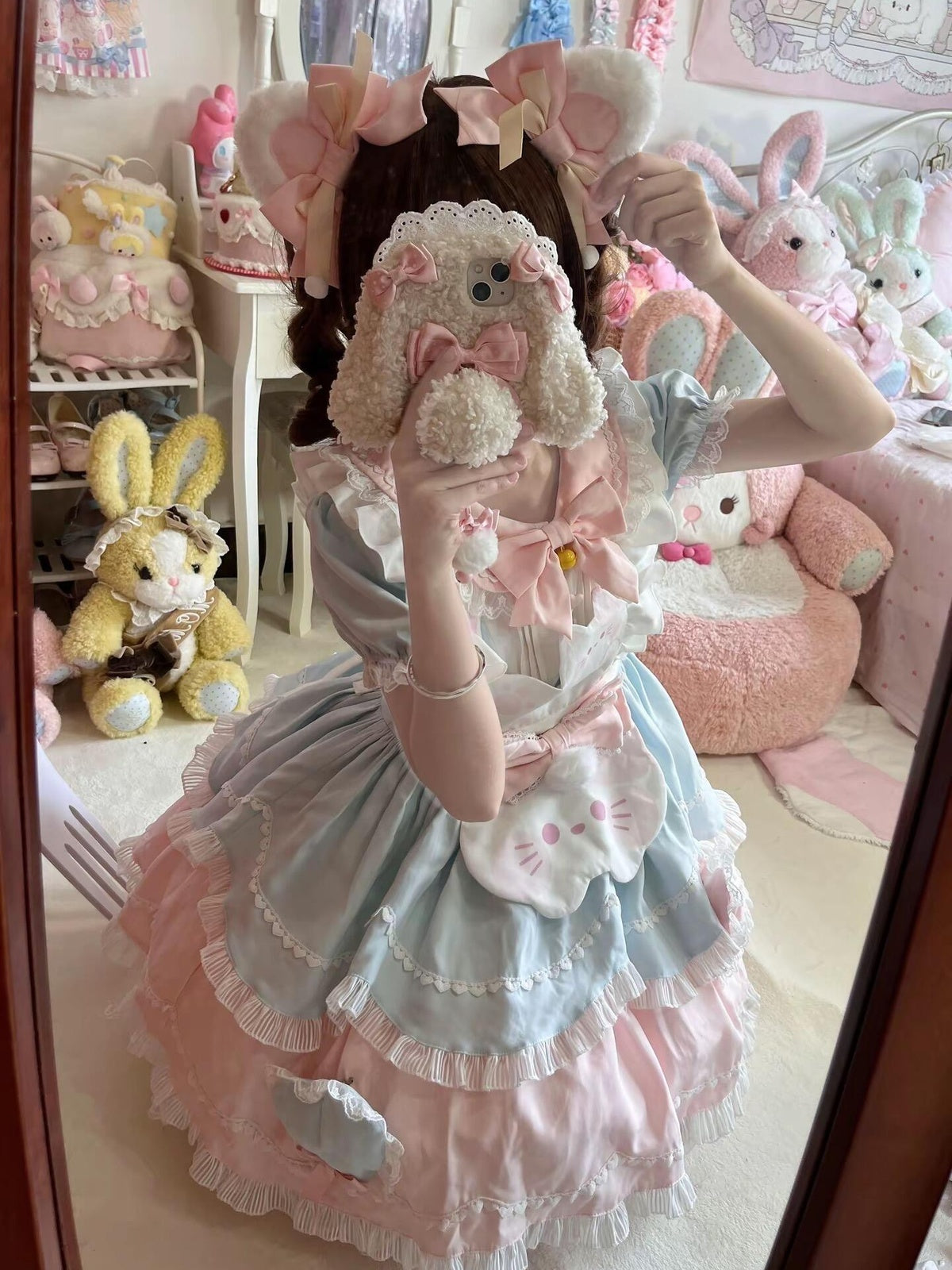 Sweet Cat Lolita OP Dress Short Sleeve Set with Apron & Headband