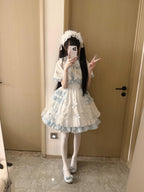 Blue & White Sweet Lolita Dress Set with Cape & Hair Clip Full Set