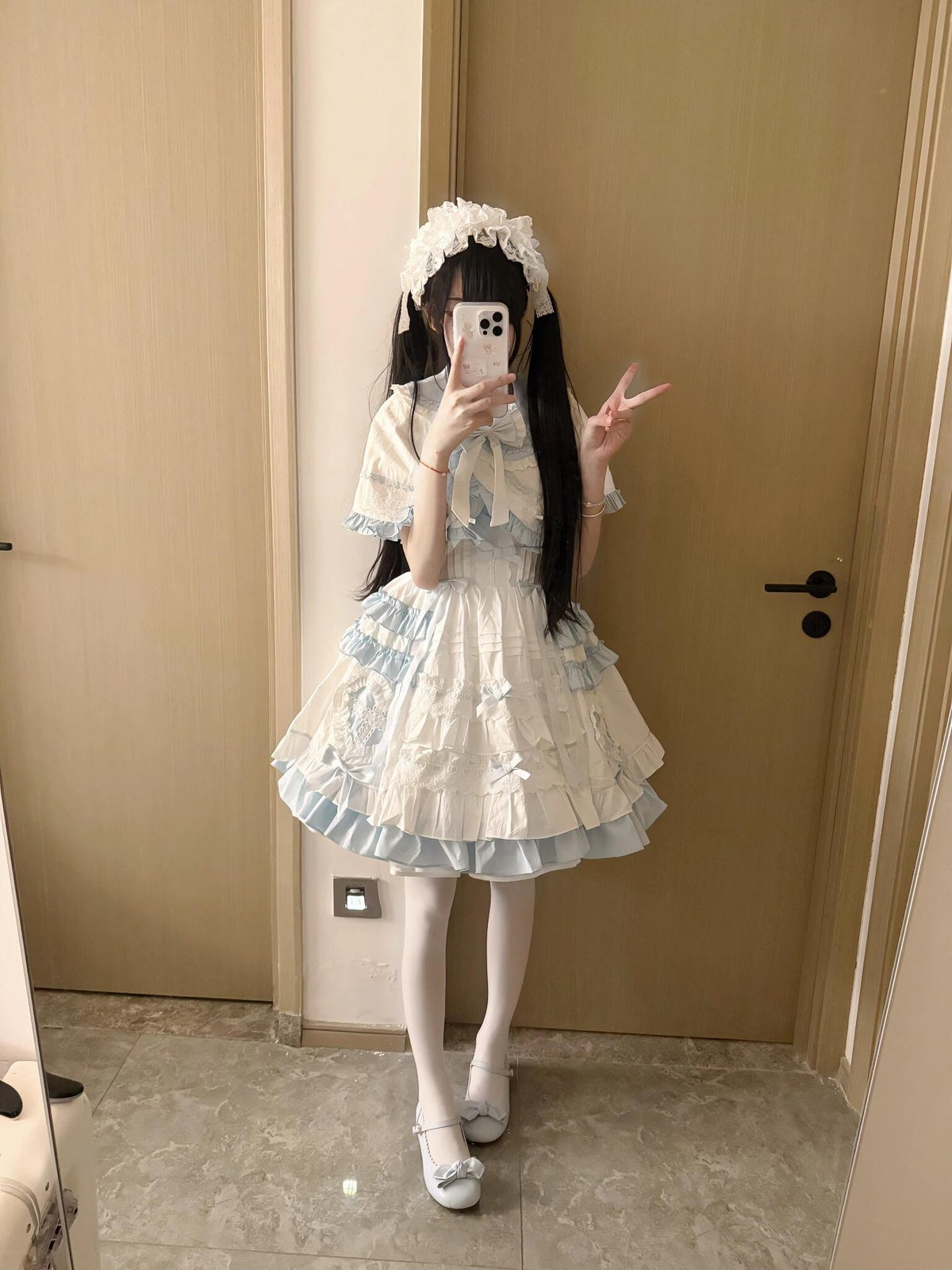 Blue & White Sweet Lolita Dress Set with Cape & Hair Clip Full Set
