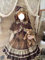 Brown Plaid Lolita Dress Set with Vintage Cape & Long Sleeve Blouse