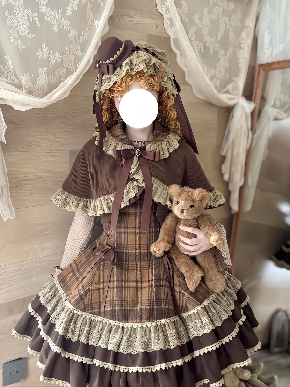 Brown Plaid Lolita Dress Set with Vintage Cape & Long Sleeve Blouse