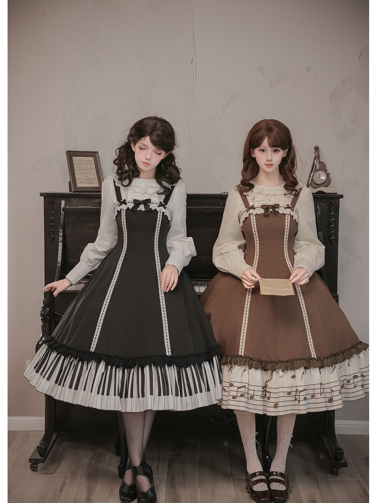 Black Print Lolita JSK Dress with Adjustable Straps & Ruffle Hem