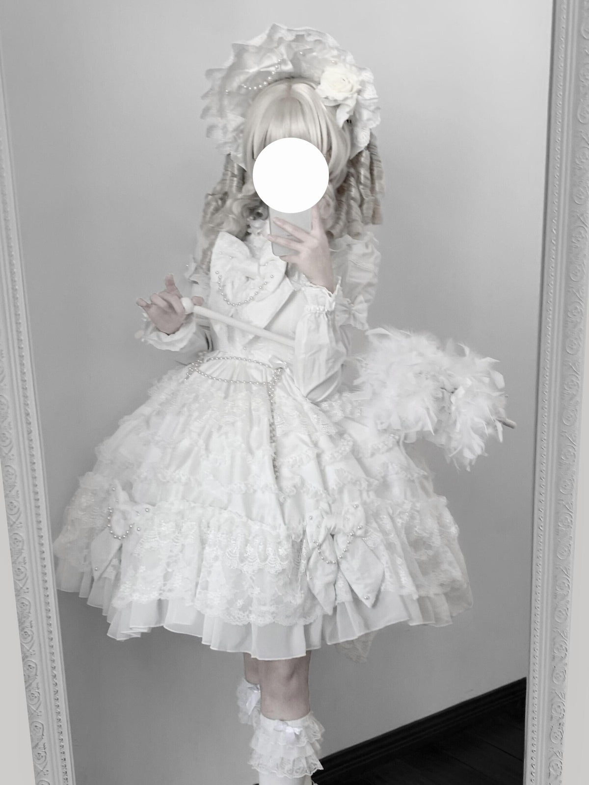 Vintage Old-School White Lolita JSK Dress Full Set with Petticoat