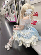 Sweet Blue Halter Gothic Lolita JSK Dress with Bow Train