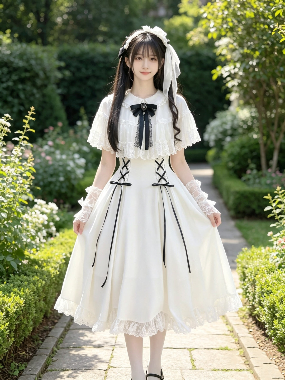 Elegant White Classic Lolita Dress Short Sleeve Midi JSK Full Set