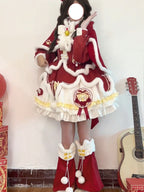 Red New Year & Christmas Lolita Dress Full Set with Cloak & Train