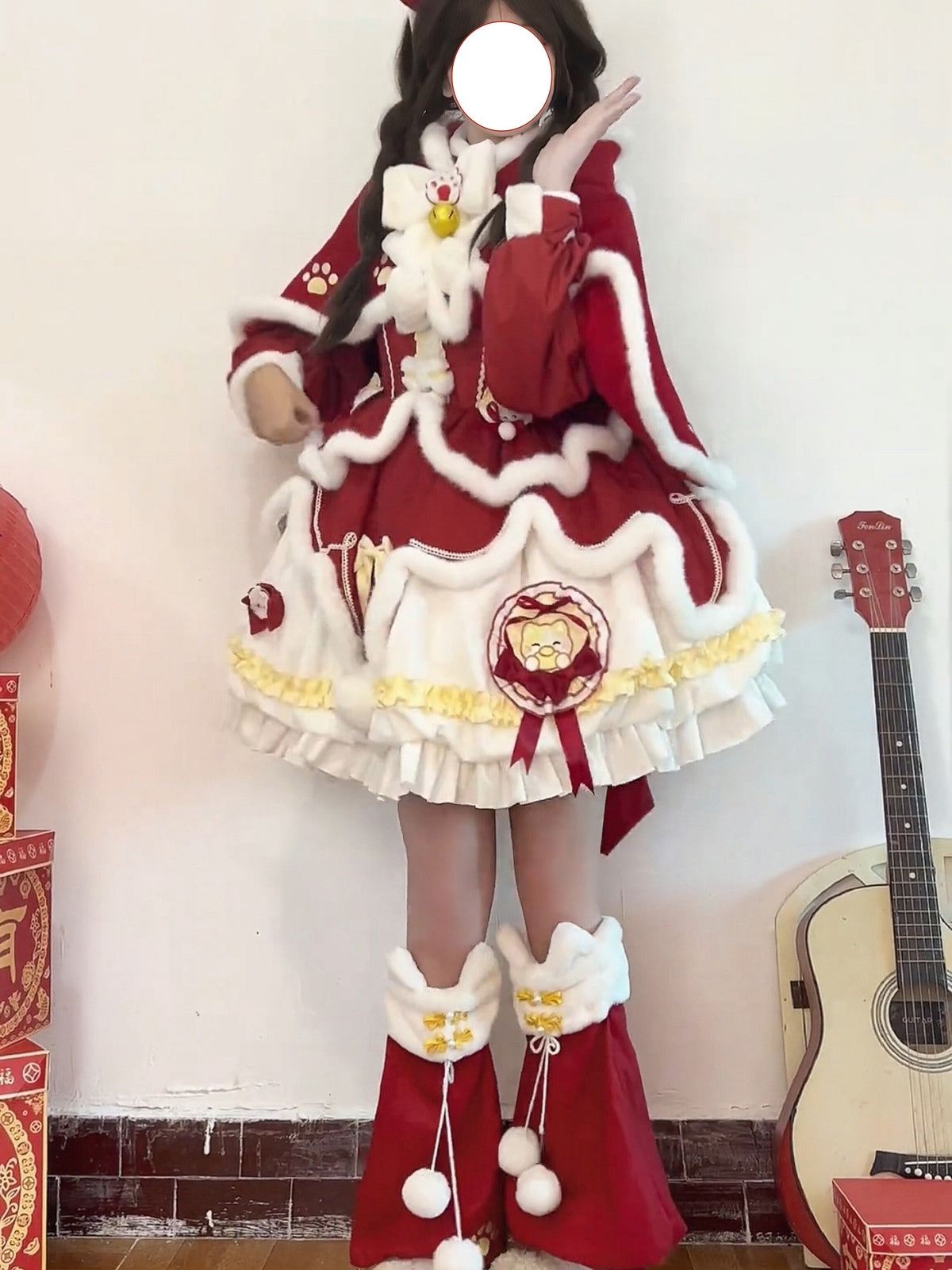 Red New Year & Christmas Lolita Dress Full Set with Cloak & Train