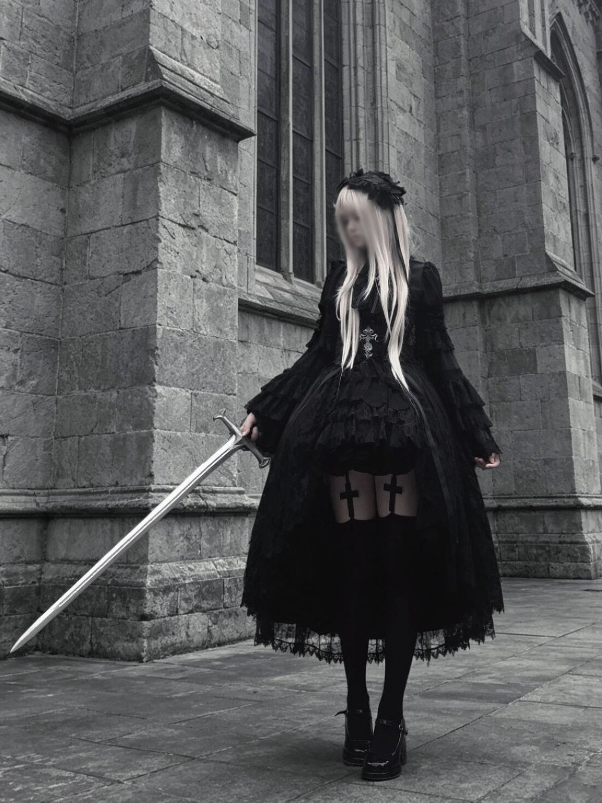 Gothic Lolita Cross & Thorns Dress Set - Black Long Sleeve Outfit