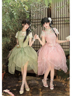Pink Chinese Style Lolita Petal Hem Print OP with Lift-Up Skirt