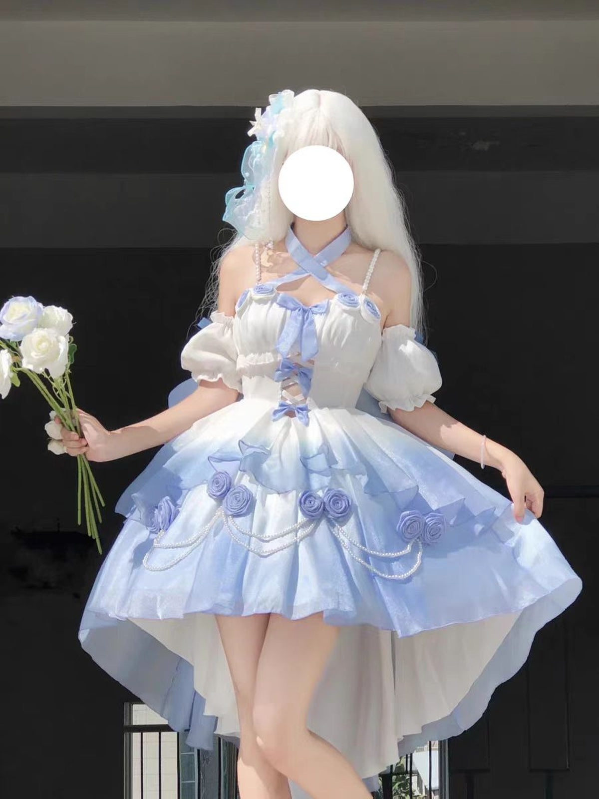 Elegant Blue Gradient Lolita Dress: High-Low Princess Wedding Gown
