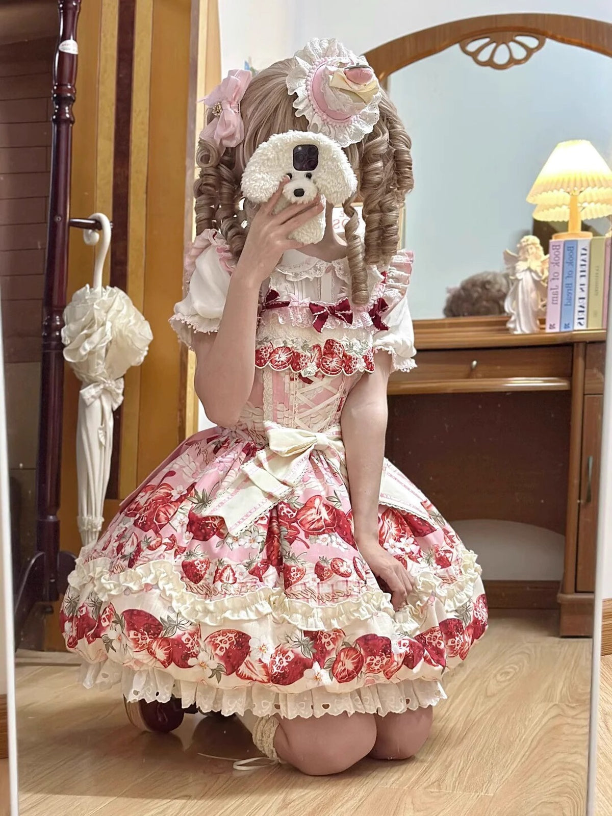 Sweet Strawberry Lolita JSK Dress Set with Blouse & Headband