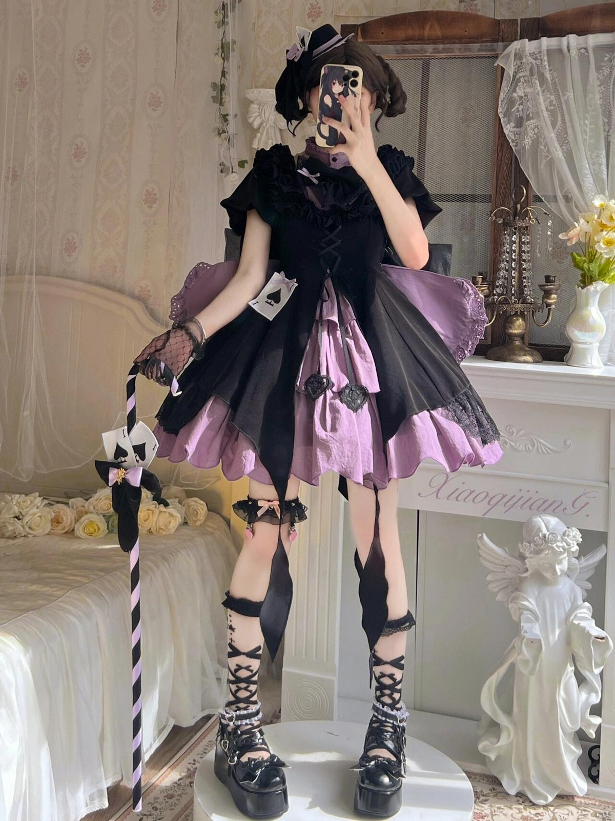 Black and Purple Gothic Lolita Dress Set for Halloween Cosplay