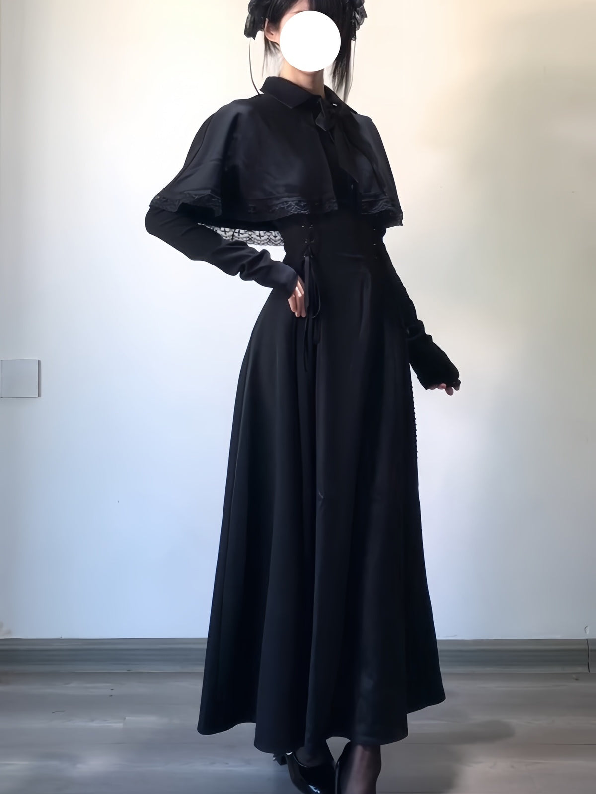 Gothic Black Long Lolita Dress Set with Bowknot Cape & Knit Sleeves