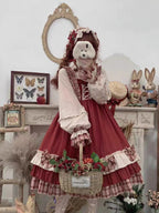 Wine Red Christmas Lolita Dress Set with Cape & Apron