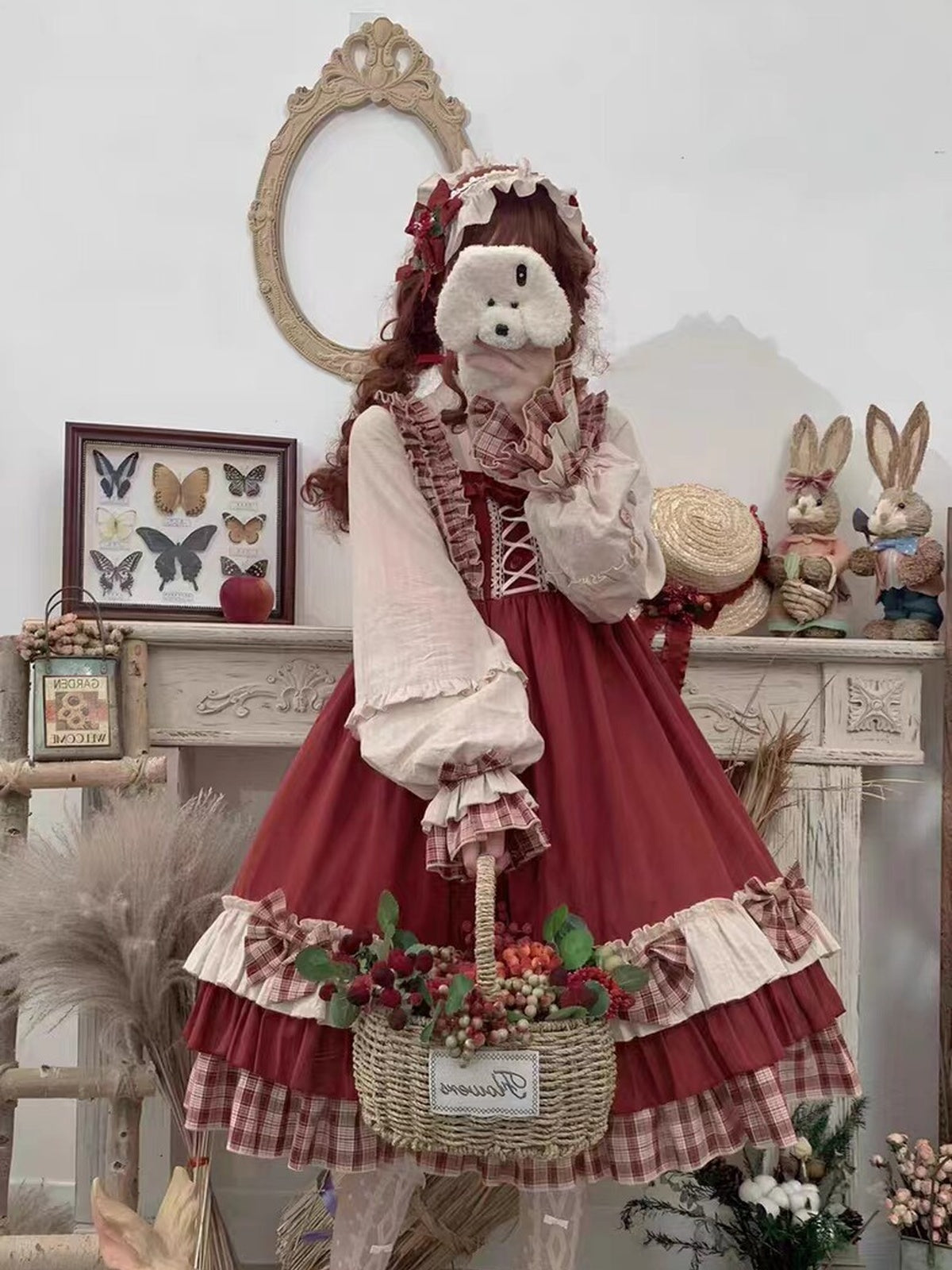 Wine Red Christmas Lolita Dress Set with Cape & Apron