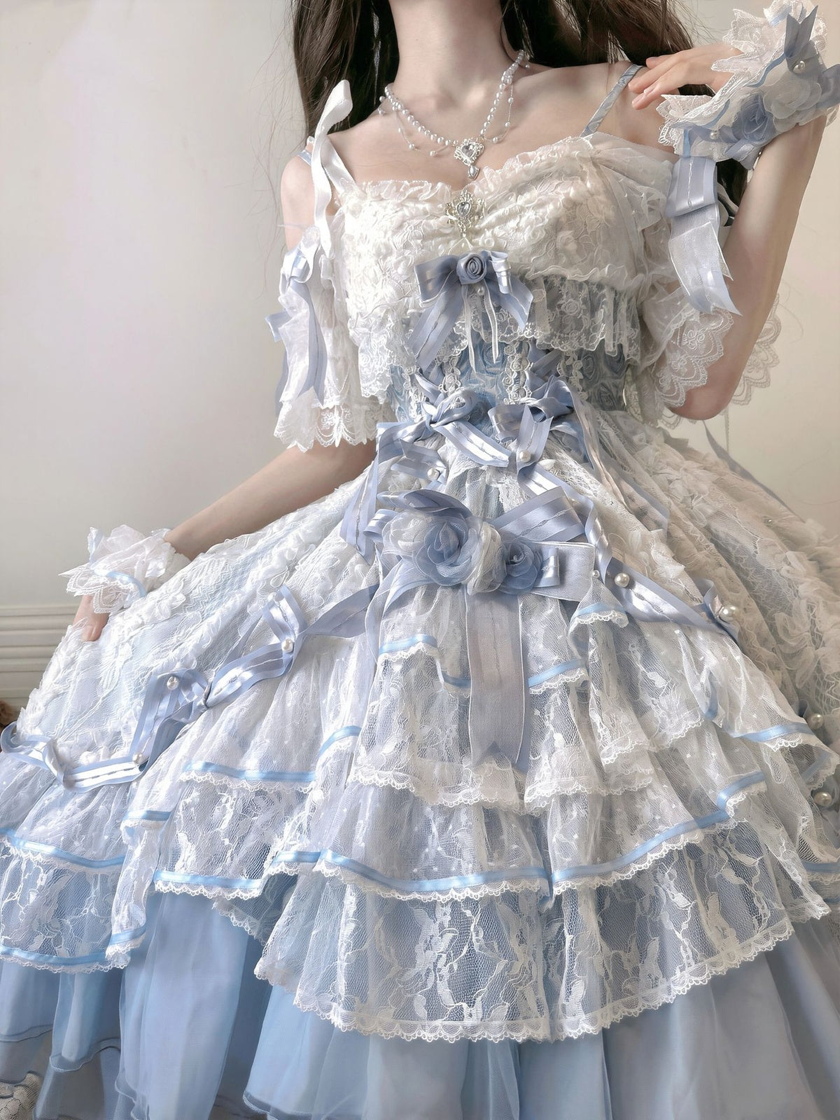 Sweet Lolita Blue Rose Dress Set - Lace Princess Birthday Gown