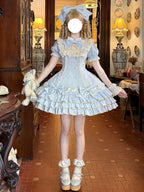 Blue Stripe Sweet Lolita OP Dress Full Set with Hat & Detachable Sleeves