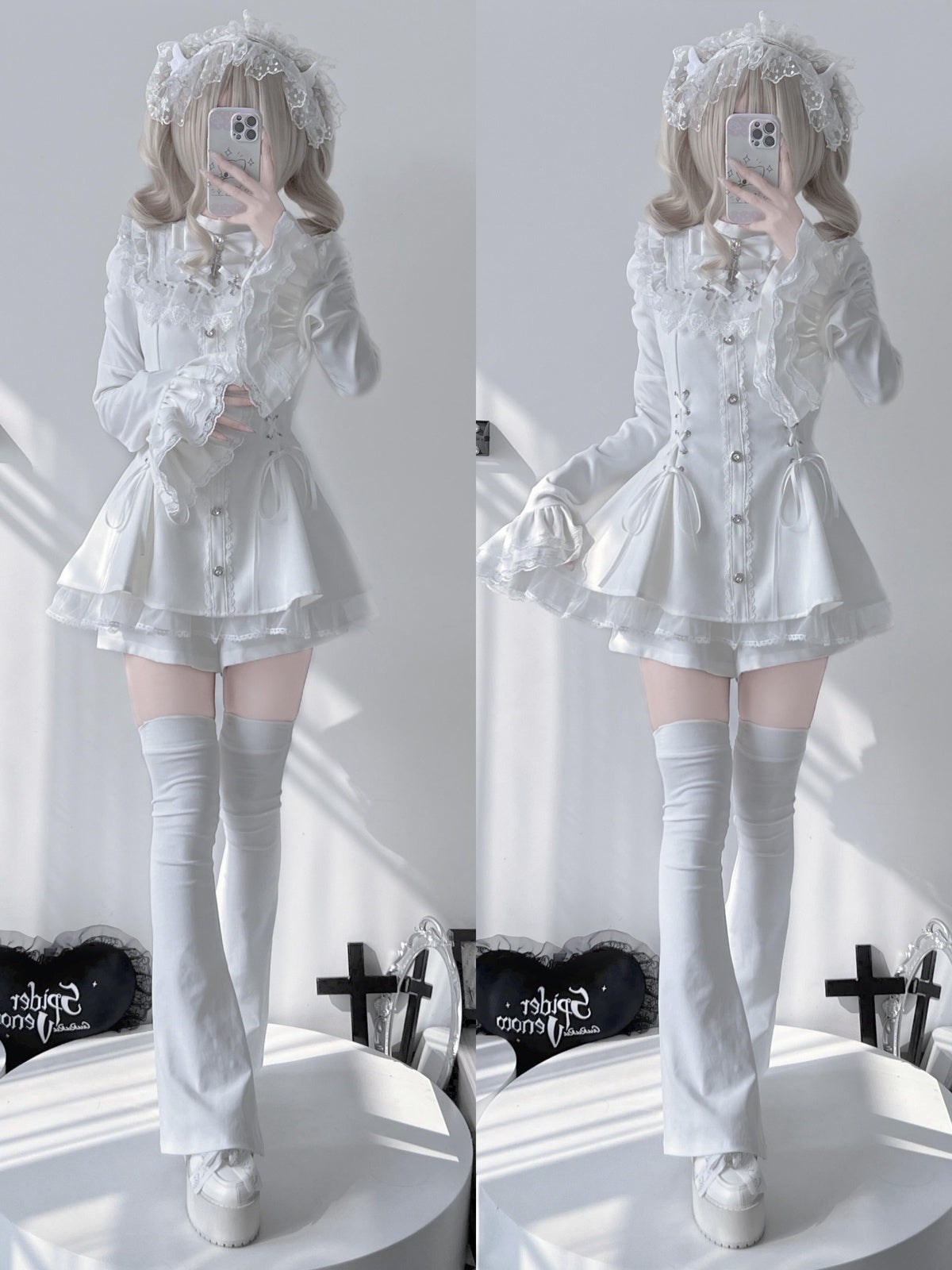 Gothic Lolita Nun Dress Set - White Jirai Kei Subculture Outfit
