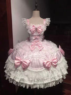 Pink & White Lolita JSK Dress with Train & Headband Set