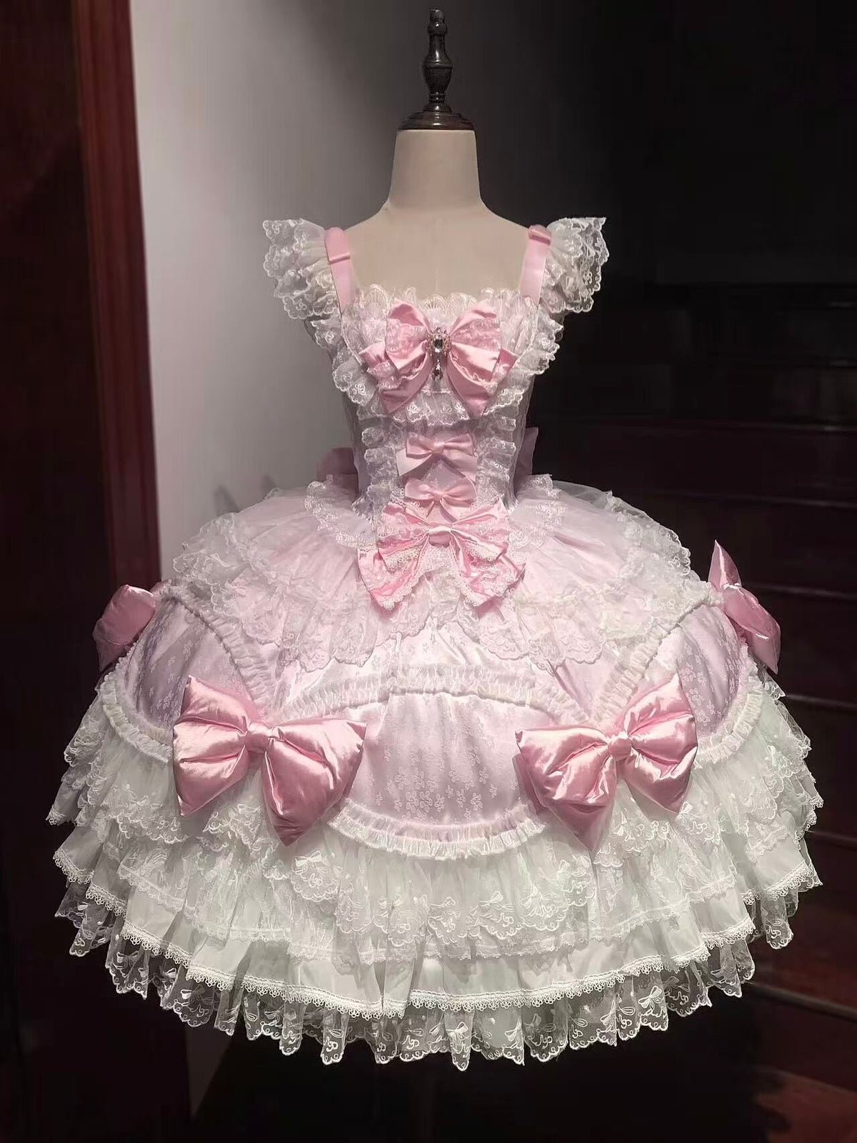 Pink & White Lolita JSK Dress with Train & Headband Set