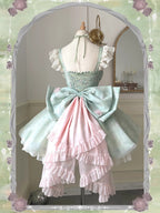 Sweet Mint Green Floral Lolita Princess Dress Set with Train