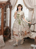 Green Cat Print Round Neck Sweet Lolita Dress with Lace Trim - NyaNya | CoyBunny