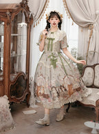 Green Cat Print Round Neck Sweet Lolita Dress with Lace Trim - NyaNya | CoyBunny